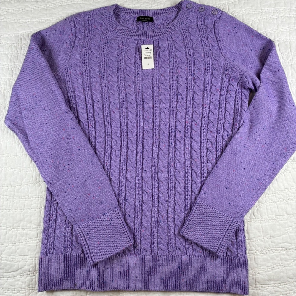 NWT Talbots Tweed Cable Knit Sweater Women S Purple Lilac Crewneck Preppy Classi